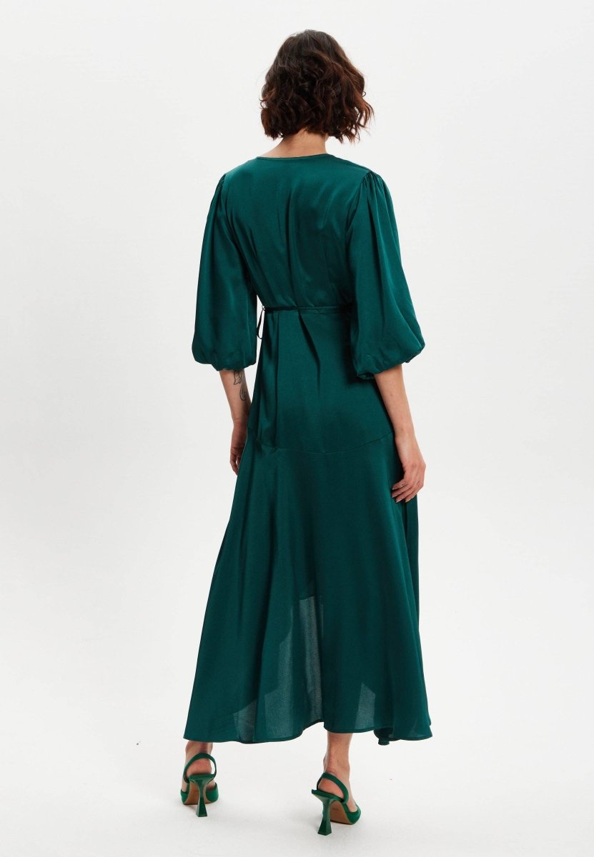Liquorish Dark Green Midi Wrap Dress With Short Puff Sleeves - Daisy Mae Boutique