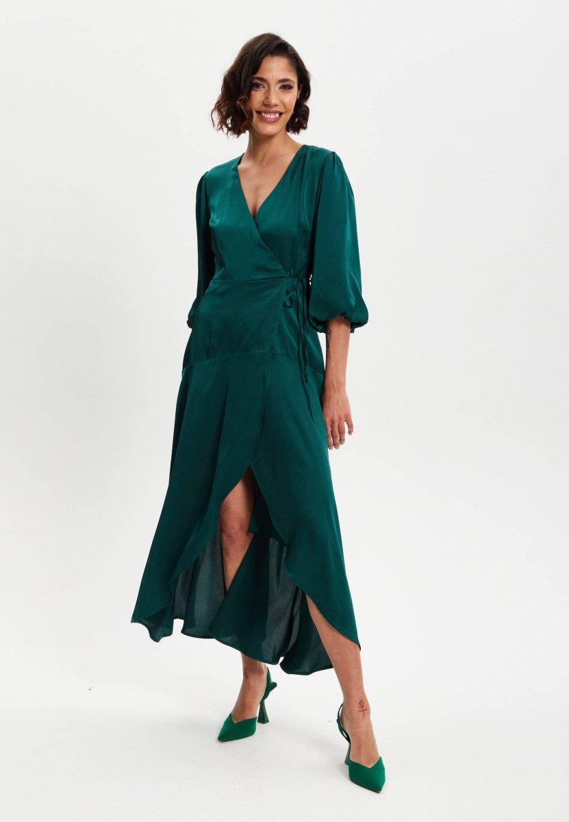 Liquorish Dark Green Midi Wrap Dress With Short Puff Sleeves - Daisy Mae Boutique