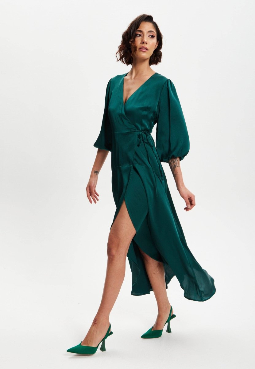 Liquorish Dark Green Midi Wrap Dress With Short Puff Sleeves - Daisy Mae Boutique
