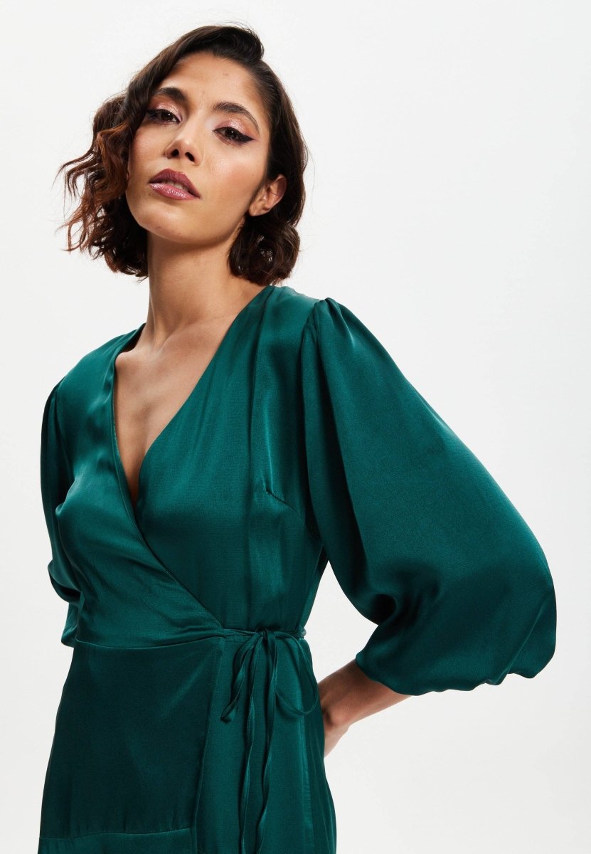 Liquorish Dark Green Midi Wrap Dress With Short Puff Sleeves - Daisy Mae Boutique