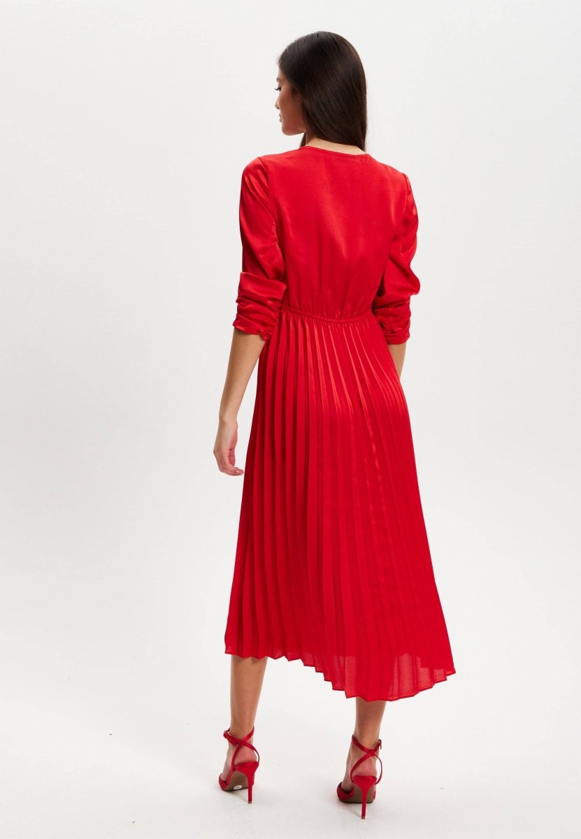 Liquorish Red Midi Dress With Pleat Details - Daisy Mae Boutique