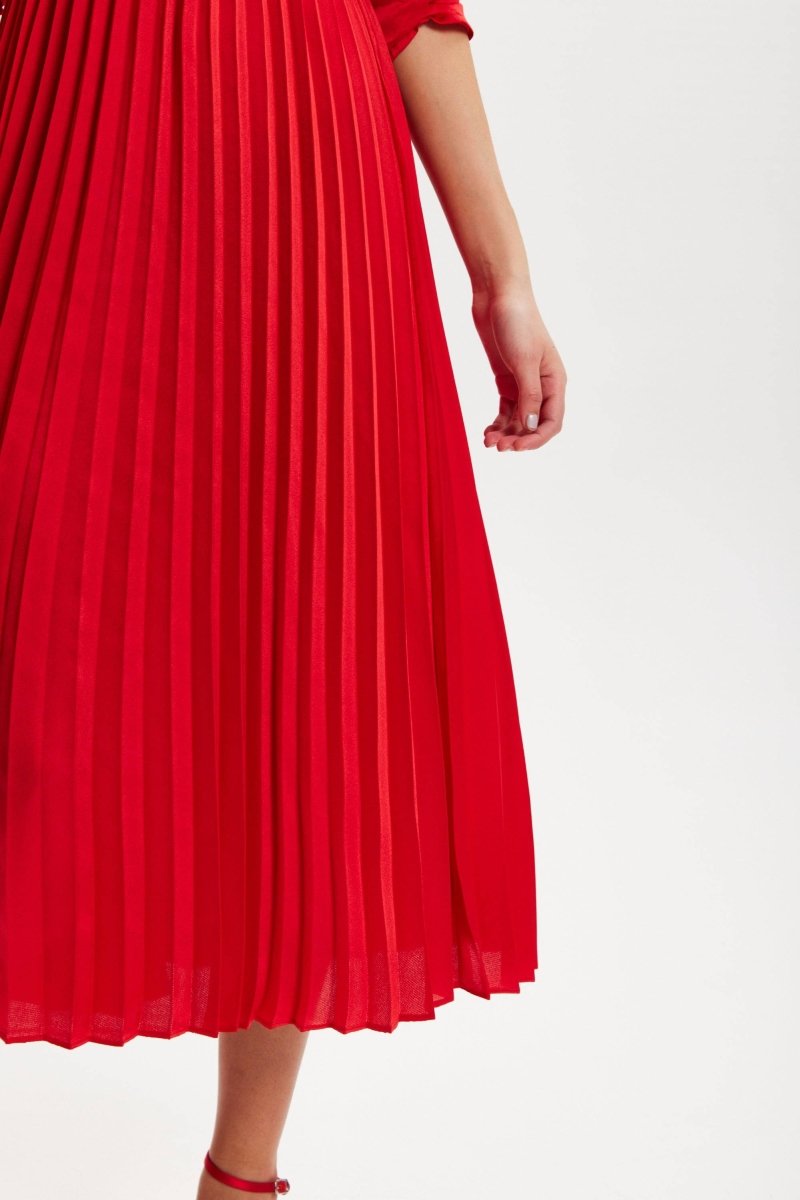 Liquorish Red Midi Dress With Pleat Details - Daisy Mae Boutique