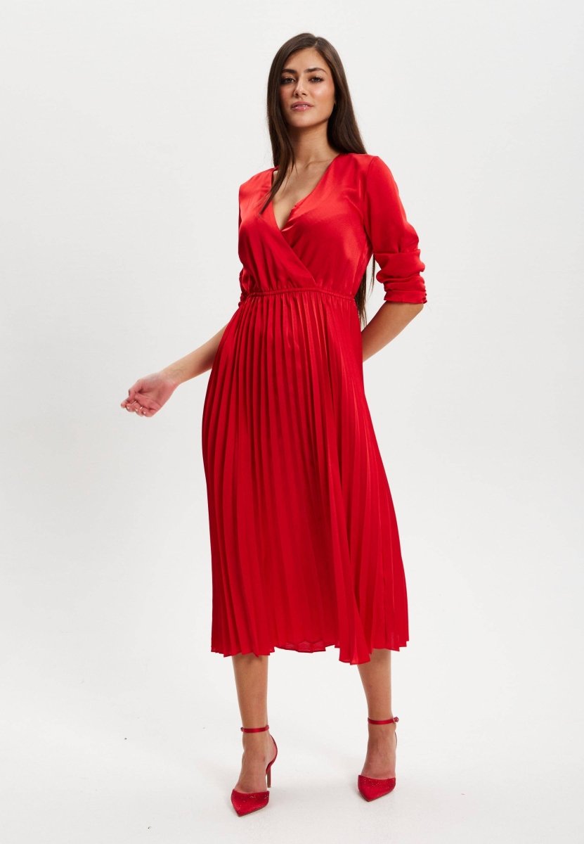 Liquorish Red Midi Dress With Pleat Details - Daisy Mae Boutique