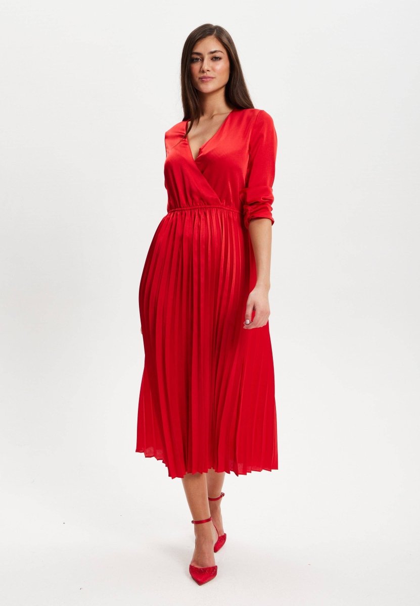 Liquorish Red Midi Dress With Pleat Details - Daisy Mae Boutique