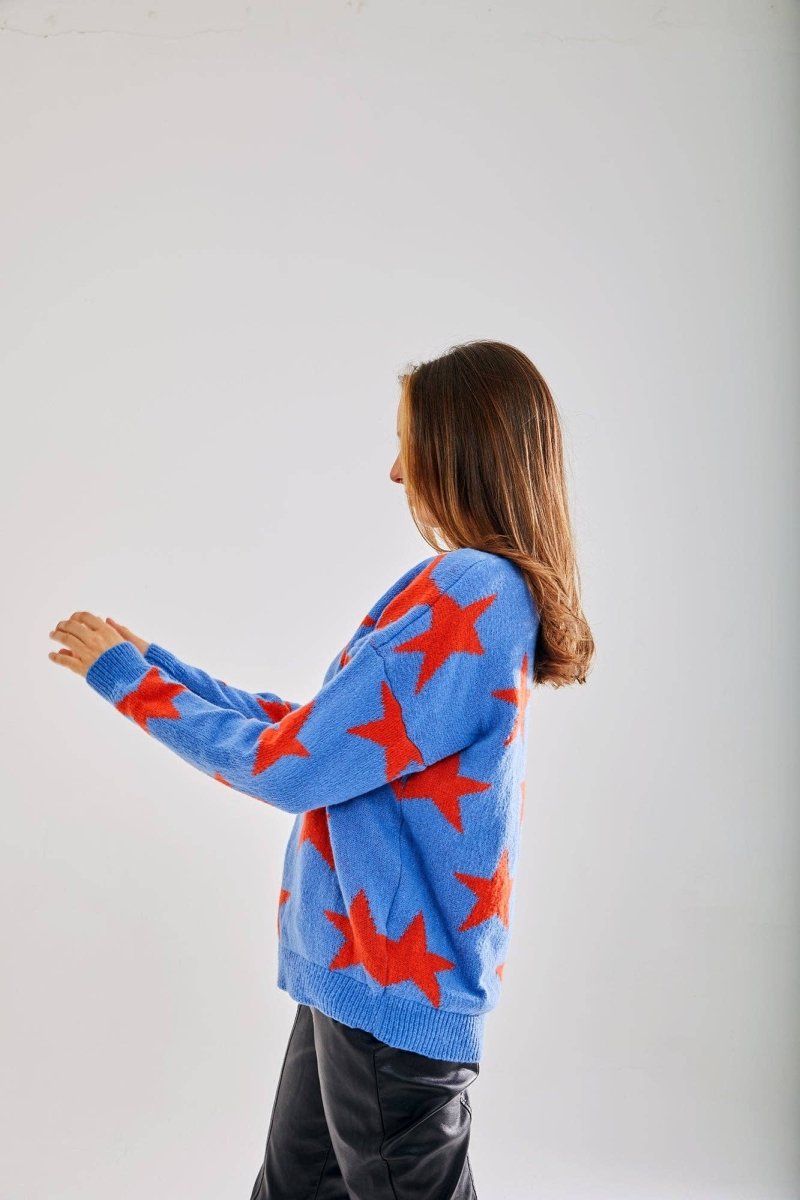 Liquorish Red Star Jumper In Blue - Daisy Mae Boutique