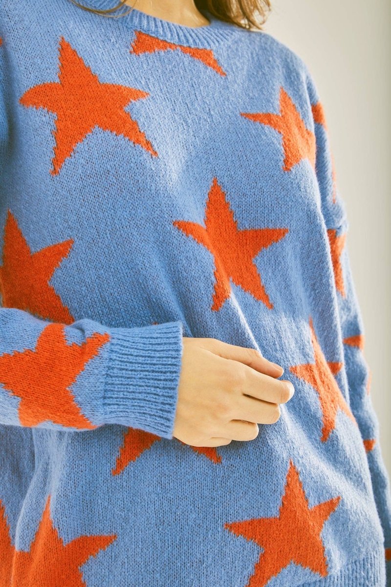 Liquorish Red Star Jumper In Blue - Daisy Mae Boutique