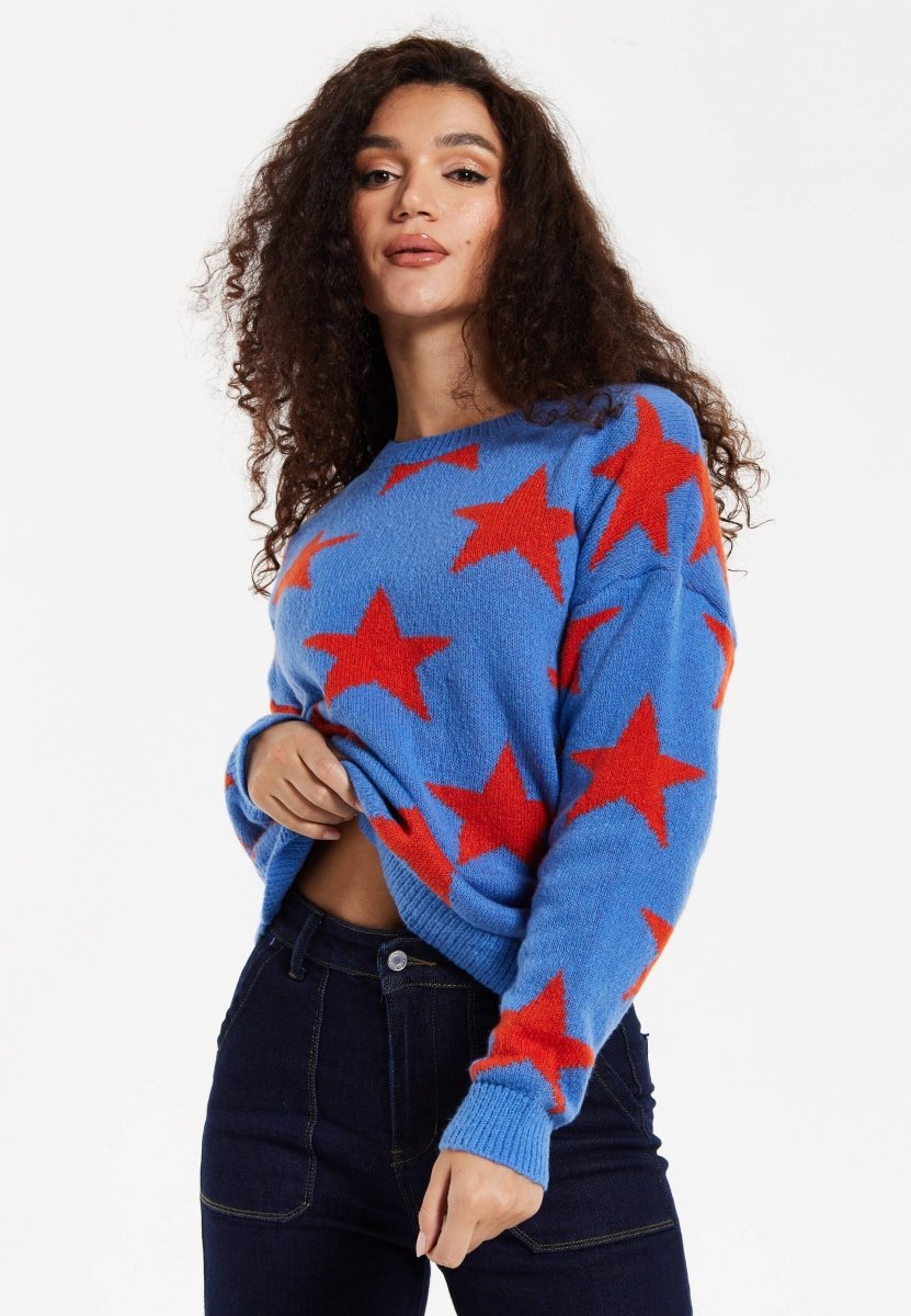 Liquorish Red Star Jumper In Blue - Daisy Mae Boutique