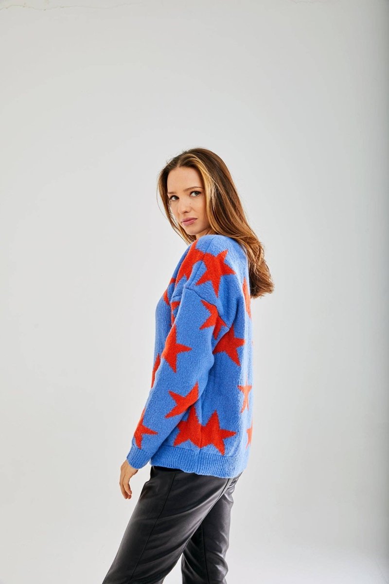 Liquorish Red Star Jumper In Blue - Daisy Mae Boutique