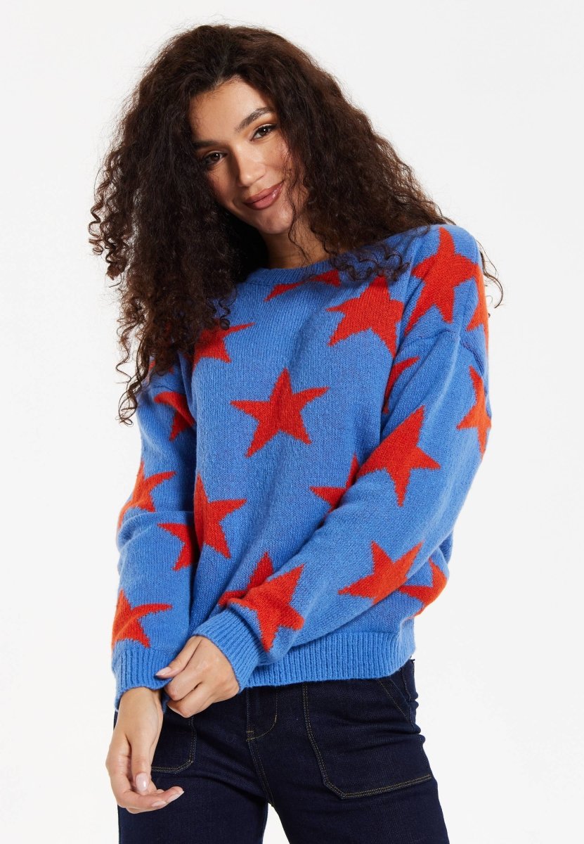 Liquorish Red Star Jumper In Blue - Daisy Mae Boutique