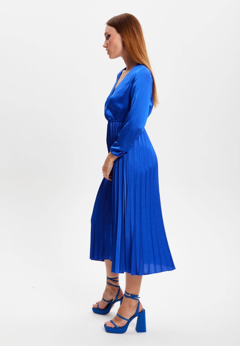 Liquorish Royal Blue Midi Dress With Pleat Details - Daisy Mae Boutique