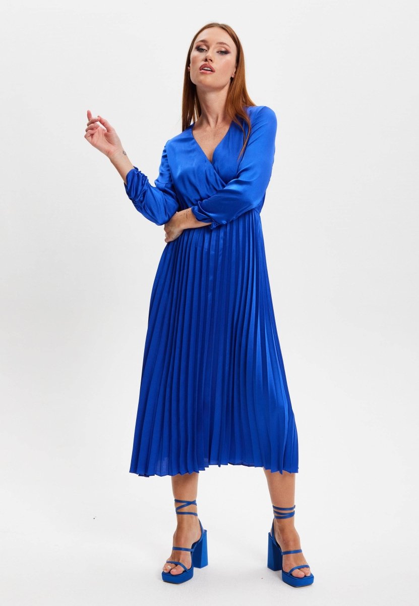Liquorish Royal Blue Midi Dress With Pleat Details - Daisy Mae Boutique