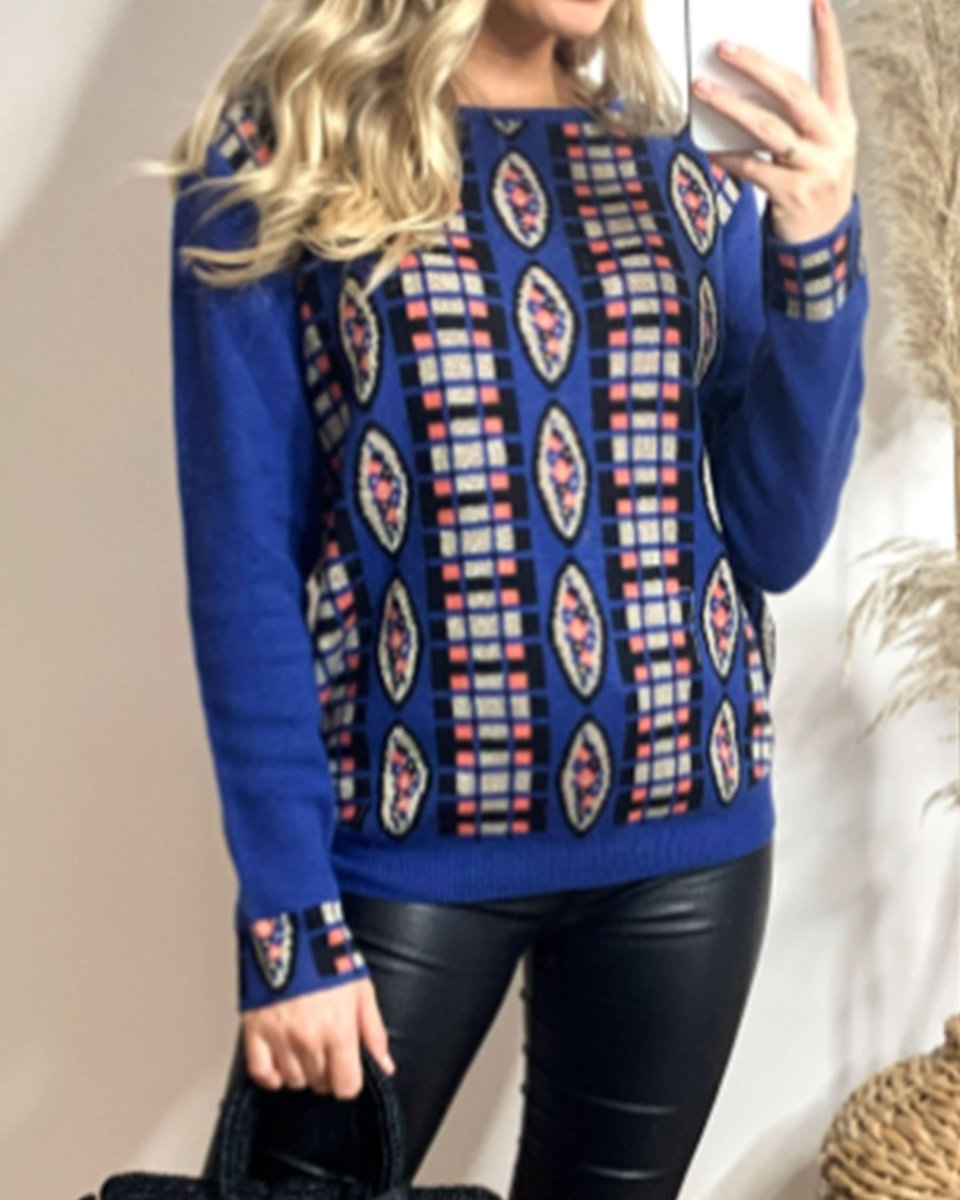 Metallic gold trims Fair isle Print Jumper - Daisy Mae Boutique