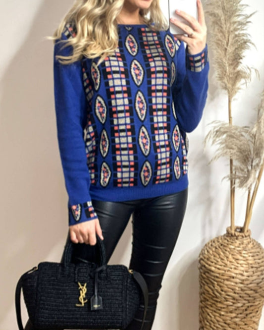 Metallic gold trims Fair isle Print Jumper - Daisy Mae Boutique