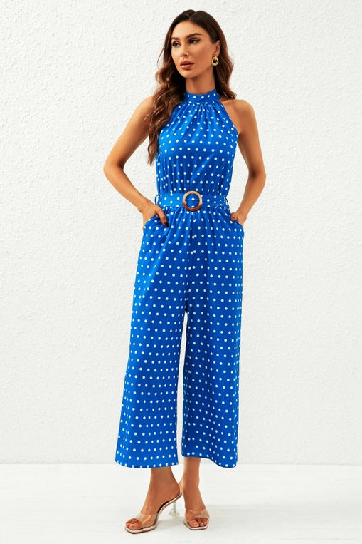 FS Collection Blue Polka Dot Halter Neck Jumpsuit