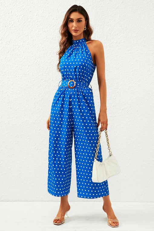FS Collection Blue Polka Dot Halter Neck Jumpsuit