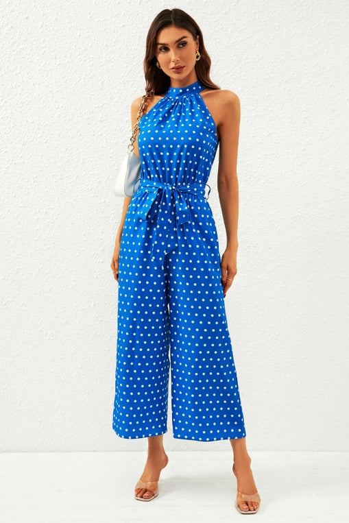 FS Collection Blue Polka Dot Halter Neck Jumpsuit