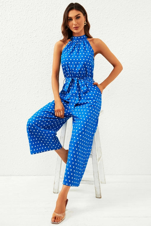 FS Collection Blue Polka Dot Halter Neck Jumpsuit