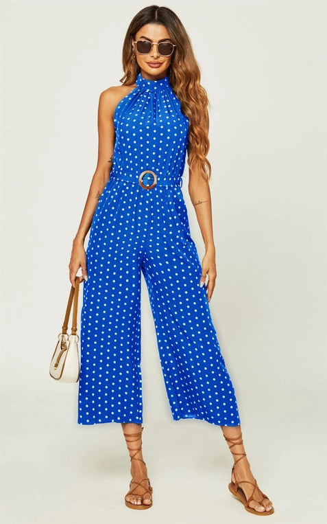 FS Collection Blue Polka Dot Halter Neck Jumpsuit