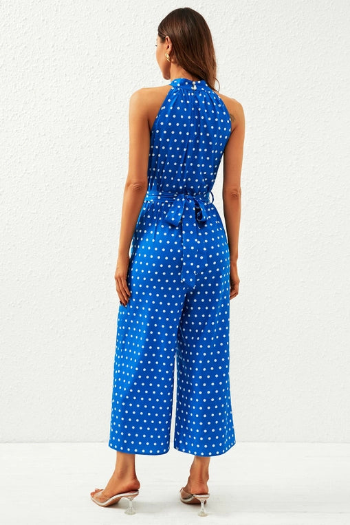 FS Collection Blue Polka Dot Halter Neck Jumpsuit