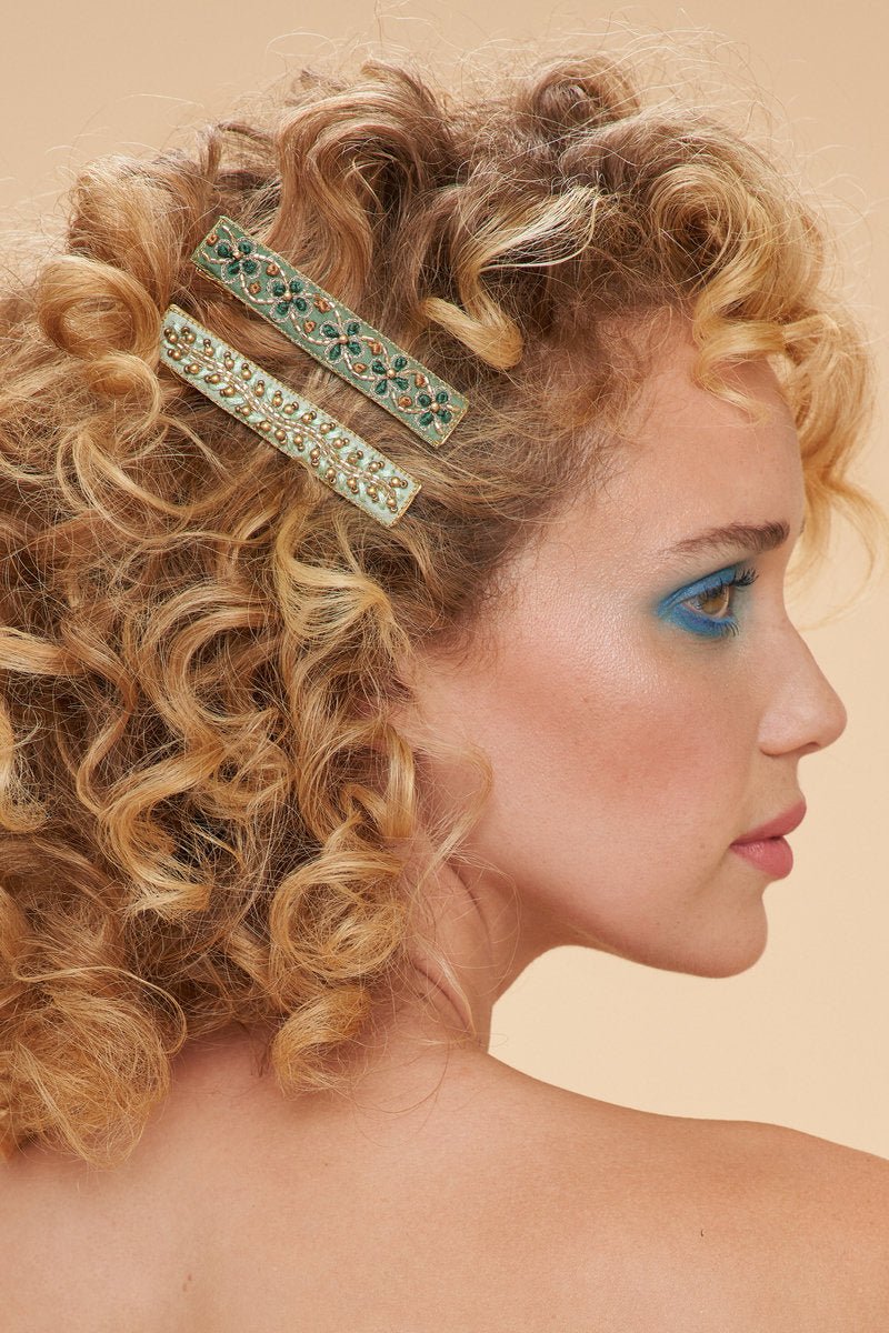 Powder Narrow Jewelled Hair Bar (Set of 2) Green Vines - Daisy Mae Boutique