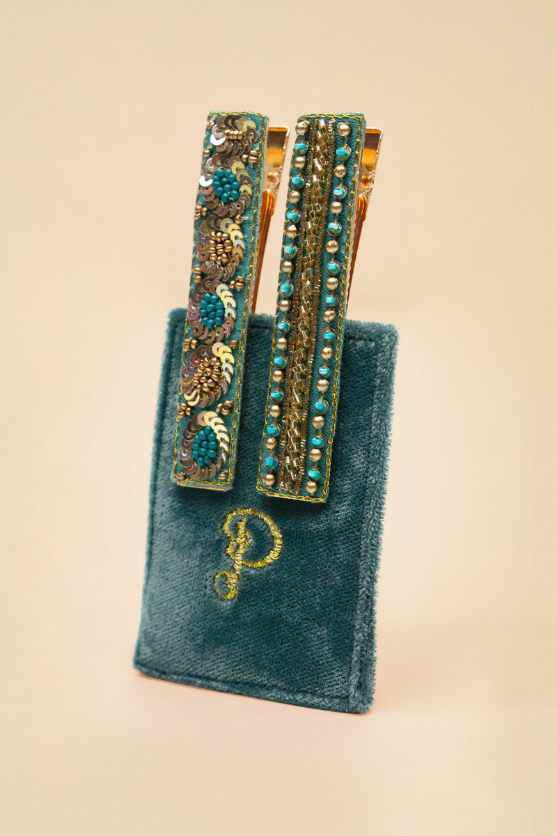 Powder Narrow Jewelled Hair Bar (Set of 2) Teal - Daisy Mae Boutique