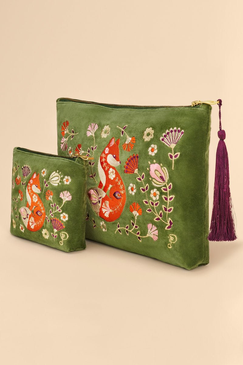 Powder Velvet Embroidered Mini Pouch - Scandinavian Fox - Daisy Mae Boutique
