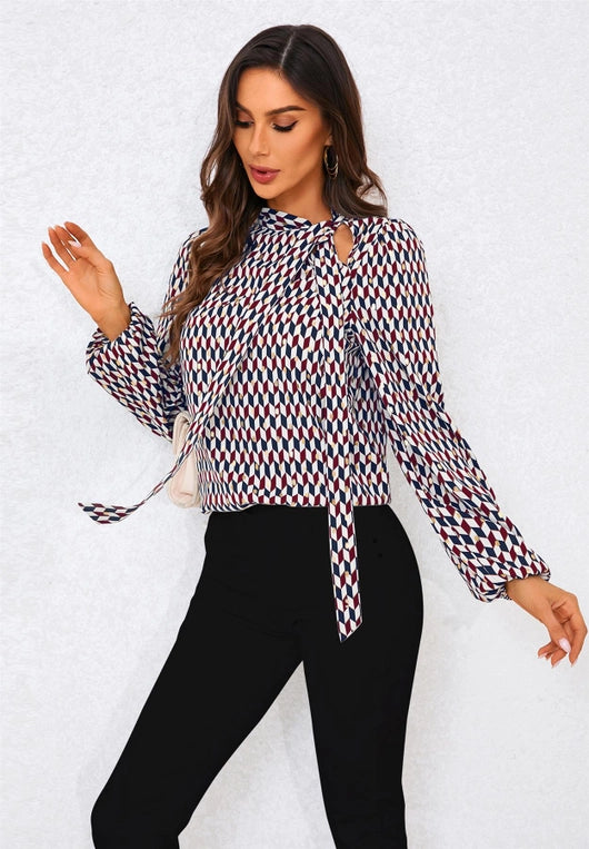 FS Collection Geo Print Side Tie Blouse in Wine