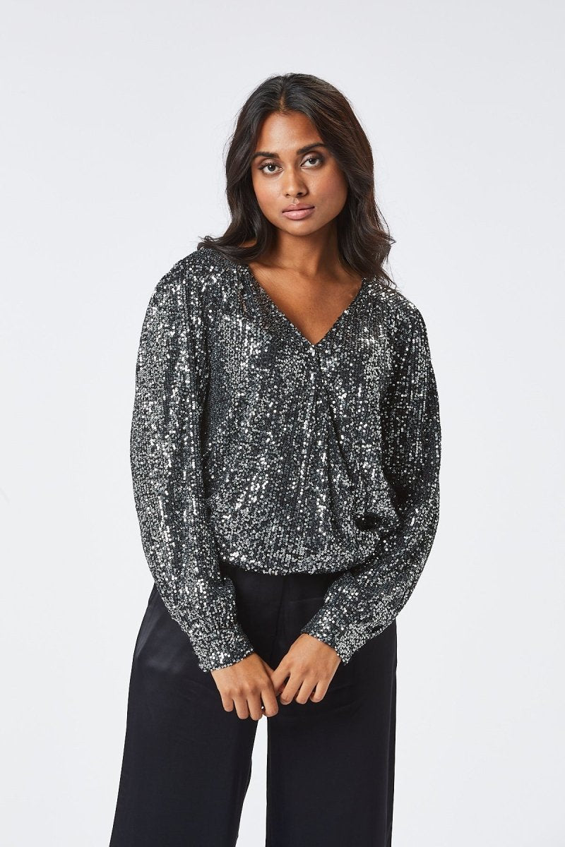 Zibi London Elsie Grey Sequin Blouse - Daisy Mae Boutique