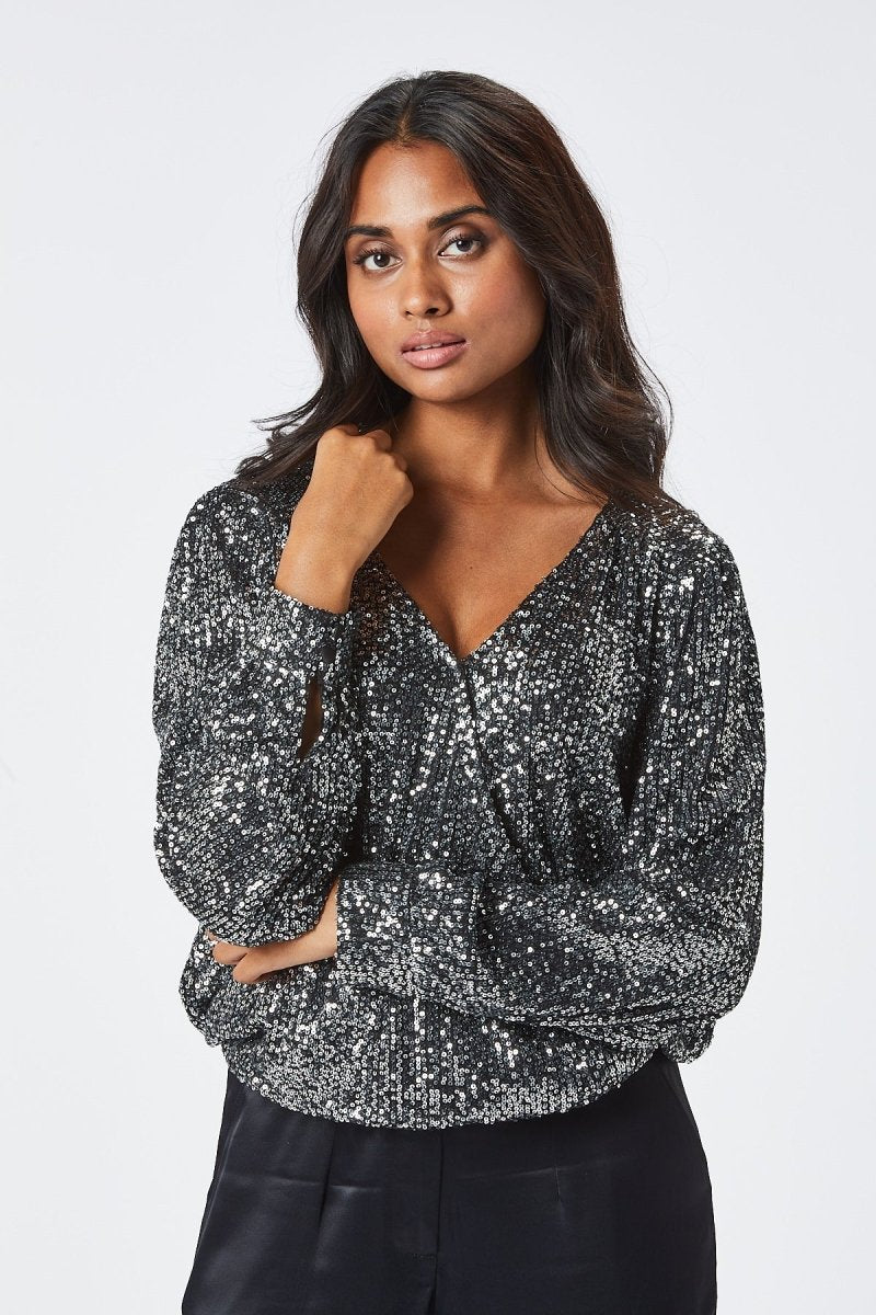 Zibi London Elsie Grey Sequin Blouse - Daisy Mae Boutique